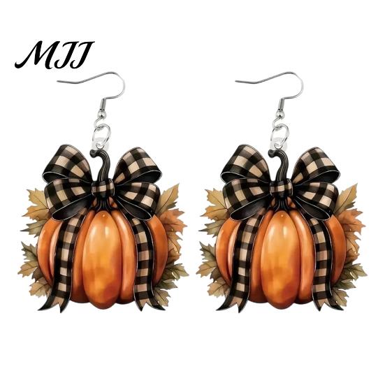 Autumn Theme Jewelry 1 Pair Pumpkin Earrings for Women, Acrylic Dangle Drop Lightweight with Plaid Bow, Halloween Fall Holiday Party Cute Accessories