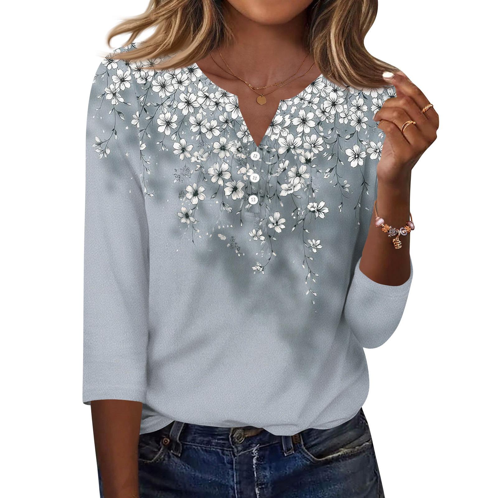 

Жіноча футболка з принтом на ґудзиках з рукавами 3/4, щоденна мода на вихідні, звичайний топ із V-подібним вирізом L