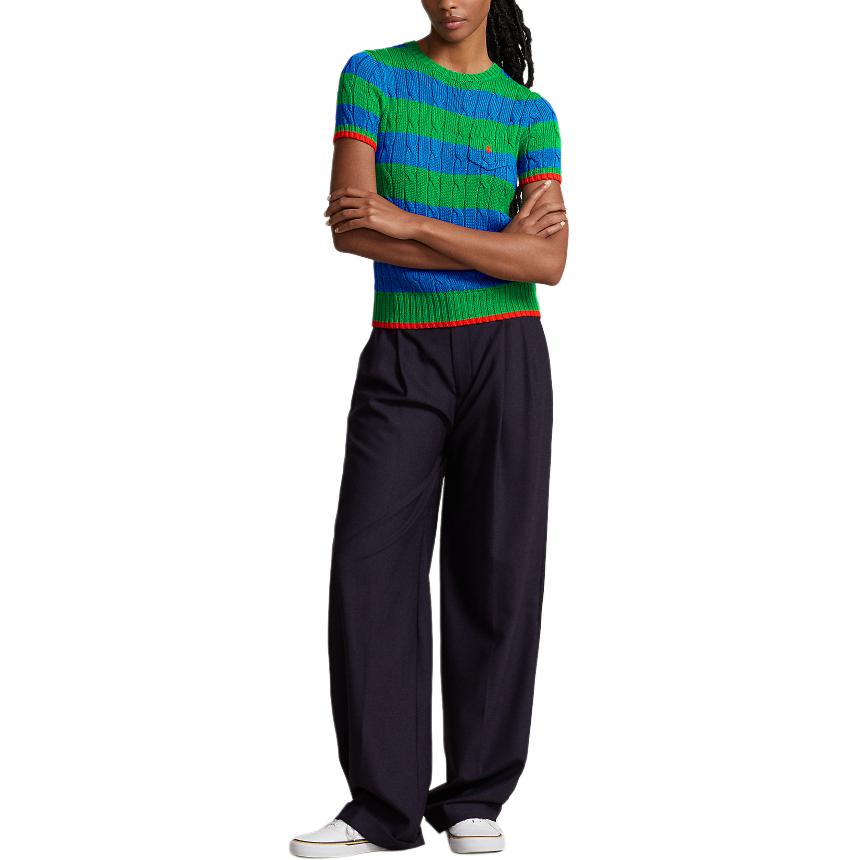 Polo Ralph Lauren SS24 Striped Slim Fit Cable Knit Short Sleeve Sweater Women sweater Academy-Green WMPOSWENC020893-999