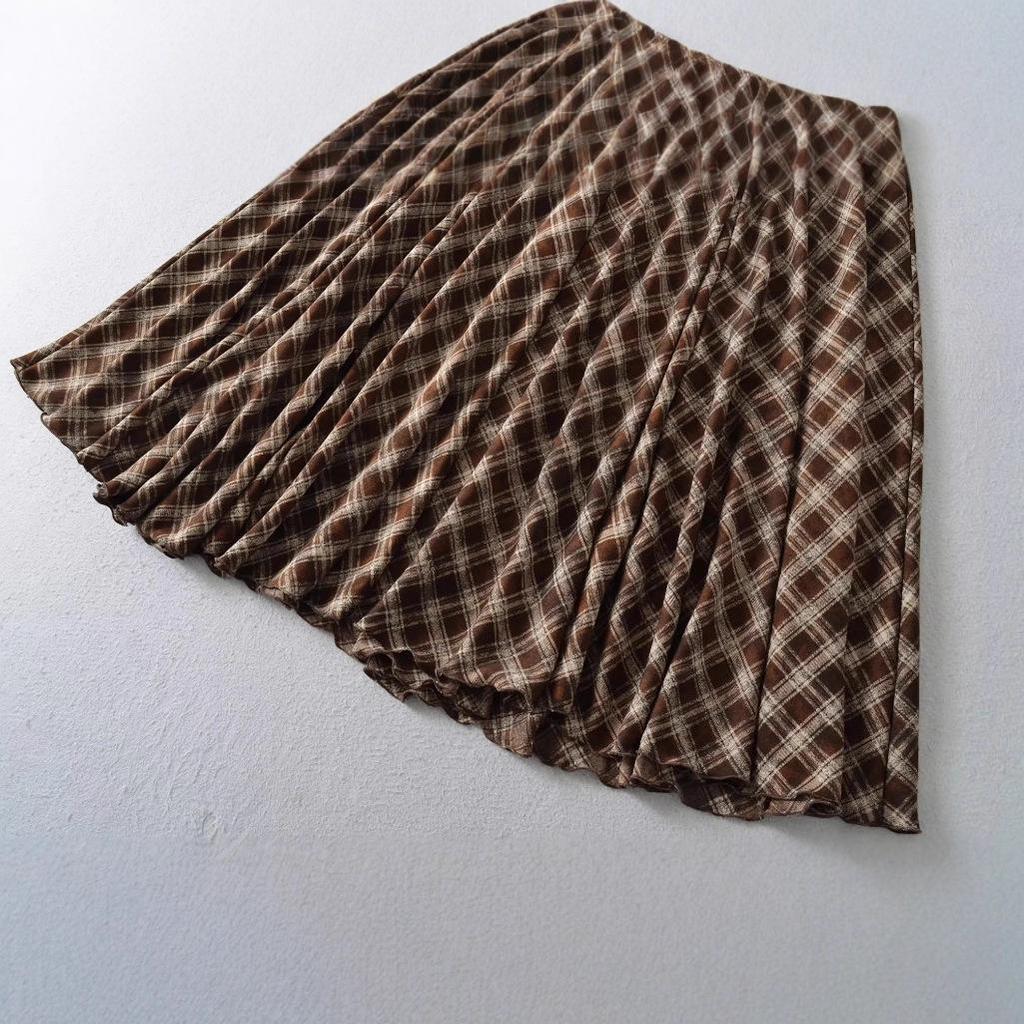 Women's High Waist Slimming A-line Brown Plaid Midi Skirt - 2025 Autumn/Winter Collection