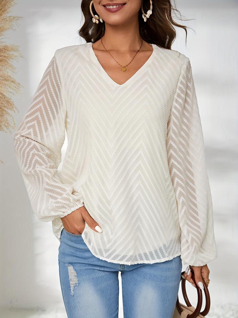 Spring/Autumn V-Neck Geometric Jacquard Lantern Sleeve Women's Shirt