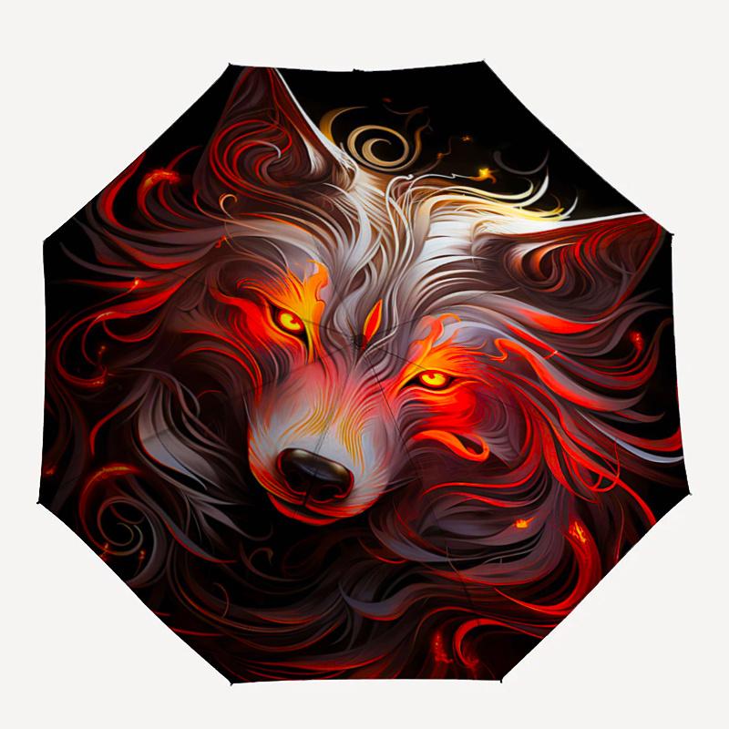 1 Stück Flammender Wolf Automatisches Öffnen und Schließen Faltbar - Eine Gute Wahl für Geschenke, Modischer und Praktischer Regenschirm Mit Niedlichem Cartoon-Charakter