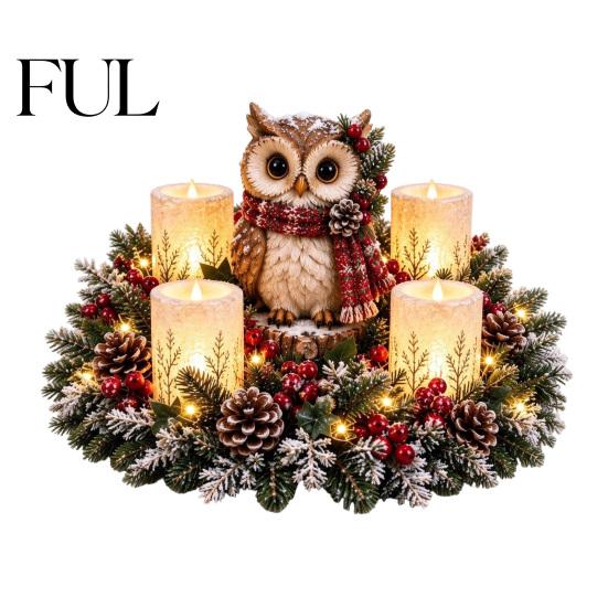 Christmas Party Supplies Lighted Highland Cow Table Centerpiece, Resin Flickering LED Flameless Candles, Frosted Pinecone Displays Pine Red