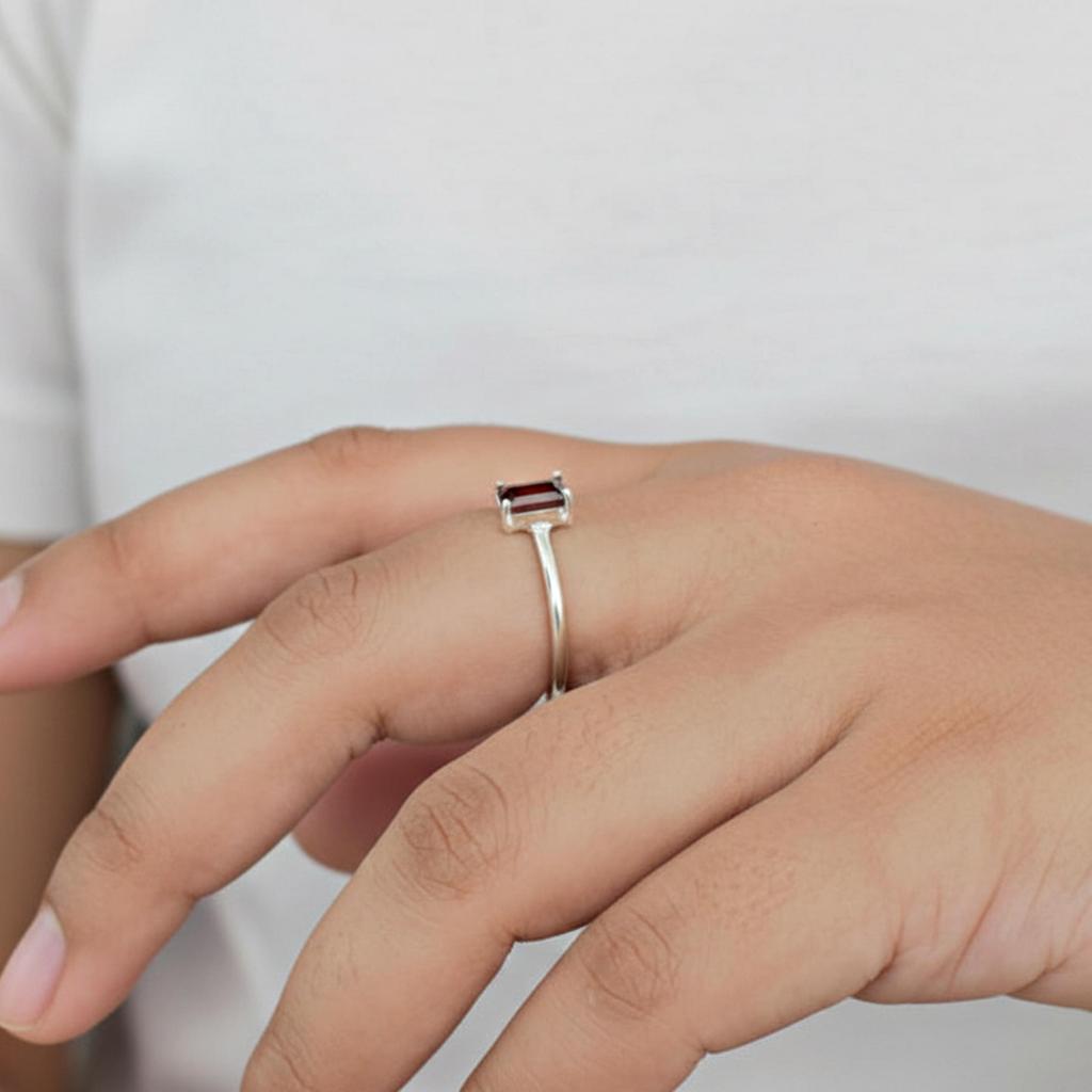 Red Garnet Octagon Cut Gemstone Statement Ring, 925 Sterling Silver, Minimalist Stacking Ring for Women