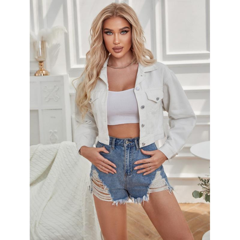 2025 Women's White Fringed Denim Jacket - European & American Style Loose Outerwear