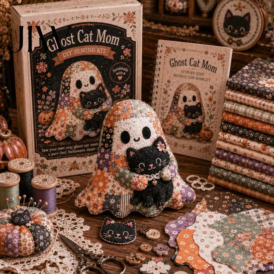 Handgefertigte Geistpuppen-Zubehör Halloween Patchwork-Set, Niedliches DIY-Nähset mit vorgeschnittenen skurrilen Bastelstoffen, Herbst-Feiertags-Bastelset für