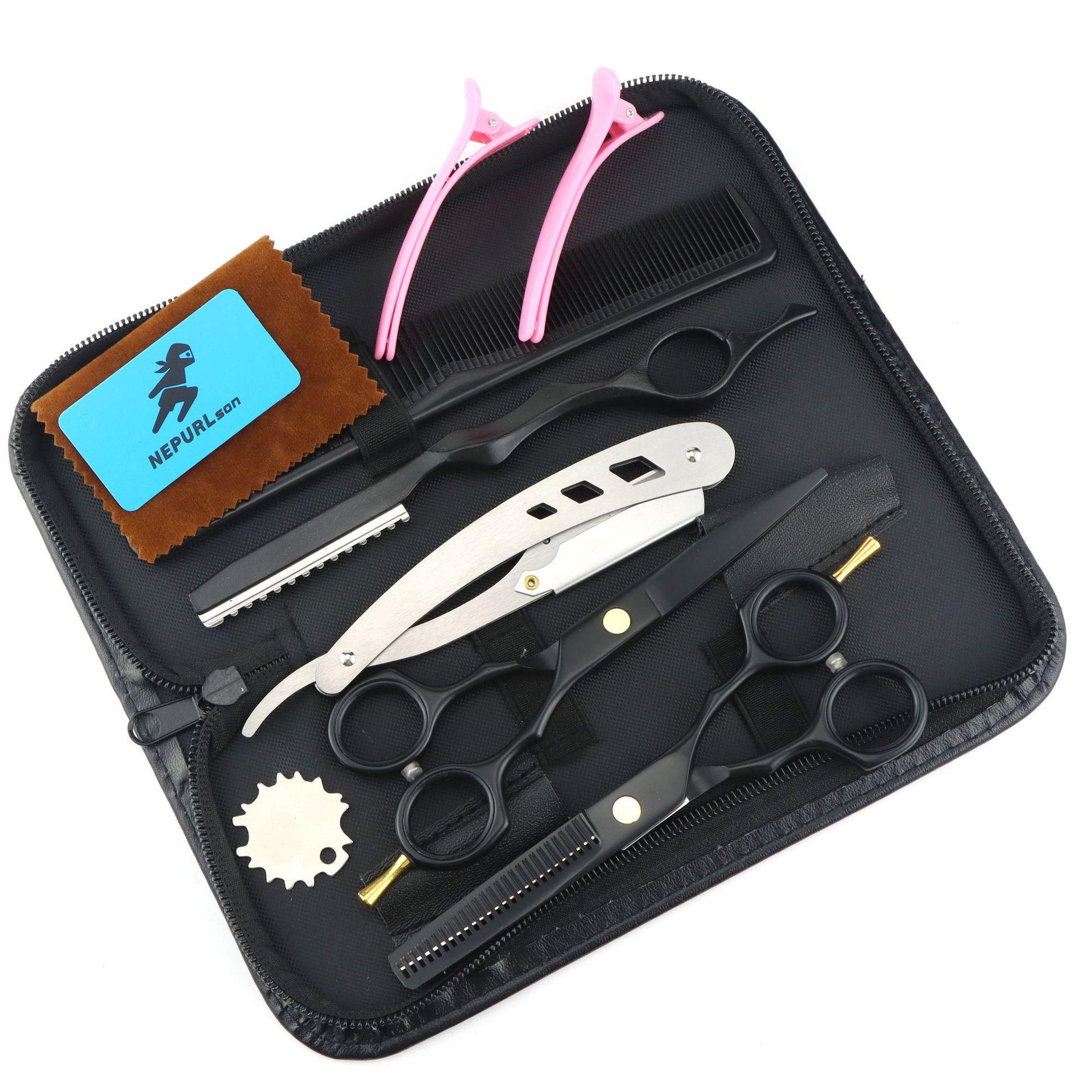 

5.5 Inch Symmetrical Handle Hair Scissors, Set, Hair Scissors, Flat Scissors, Tooth Scissors, Thin Scissors, Set 5.5inch black suit