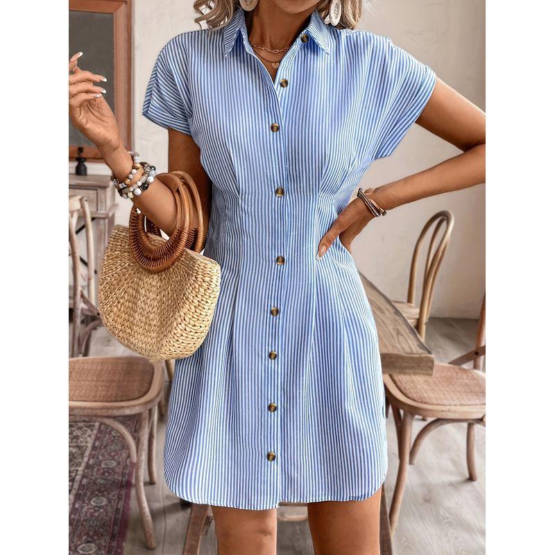 Fashion Fashion Commuter Ol Single-Breasted Blue Stripes Cardigan Casual Shoulder Short Sleeve Shirt Dress Dress