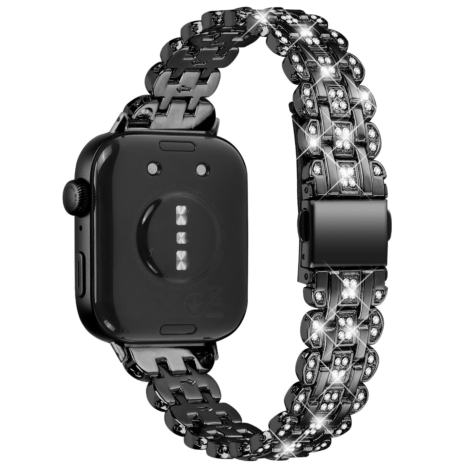 

Для Huawei Watch Fit 3 Металевий ремінець для годинника Браслет з квітковим візерунком зі стразами Black