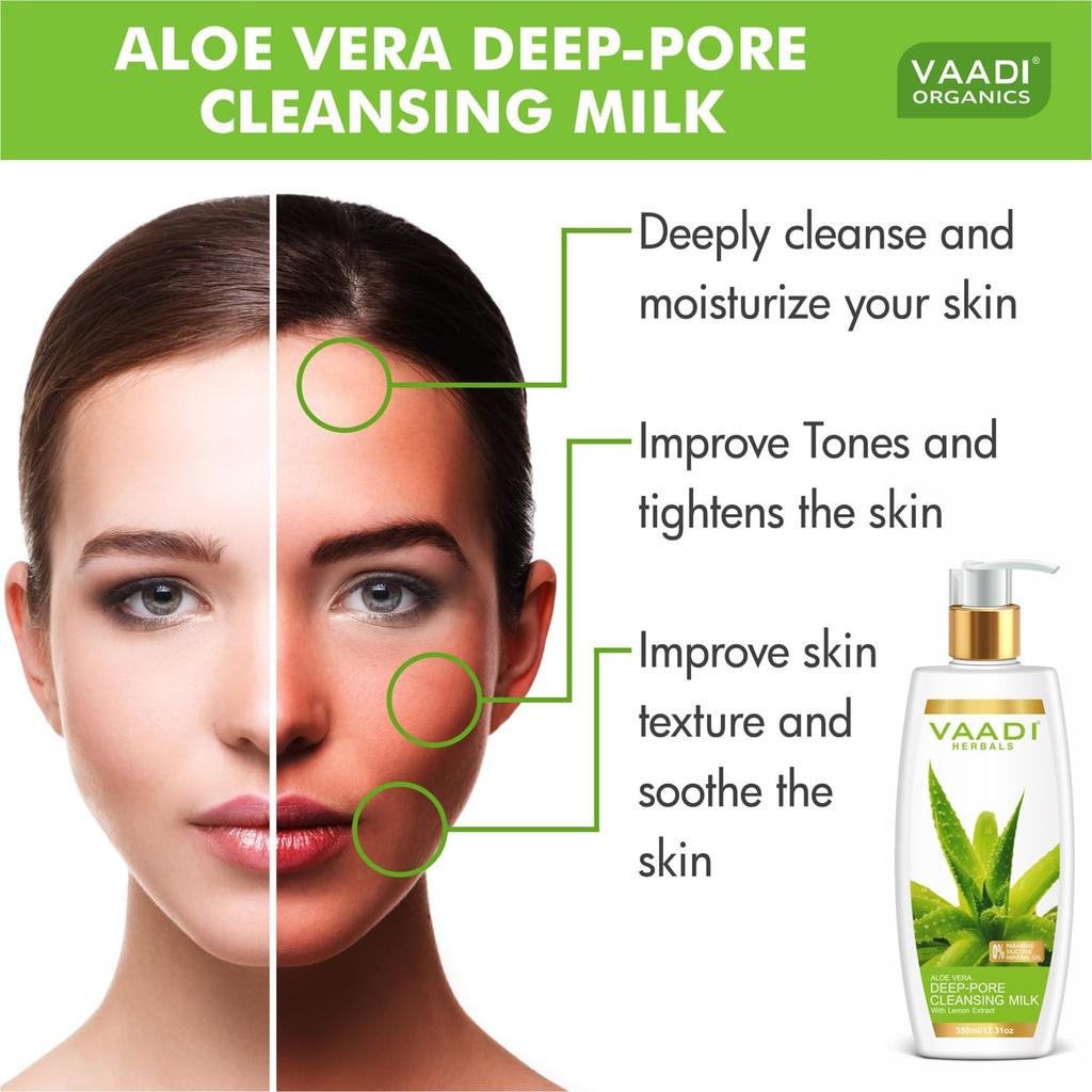 Vaadi Herbals Aloe Vera Deep Pore Cleansing Milk 350 Ml Gentle Makeup Remover Hydrating Facial Cleanser For All Skin Types