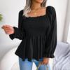 Summer Women Chiffon Shirt Long Sleeve Square Neck Solid Color Tops with Wooden Ears