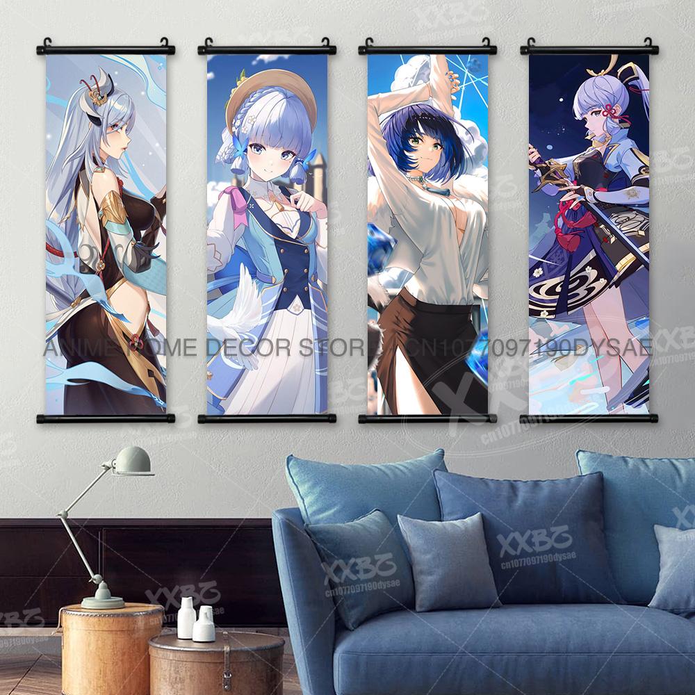 Game Genshin Impact Poster Sexy Anime Mona Home Decor Scroll Picture Sucrose Wall Art Decorative Hanging Painting Interior Mural