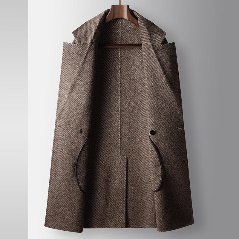 Herren-Wollmantel, Herbst und Winter, mittellang, zweireihig, langflorig, dick gefüttert, doppelseitig, lässiger Trenchcoat