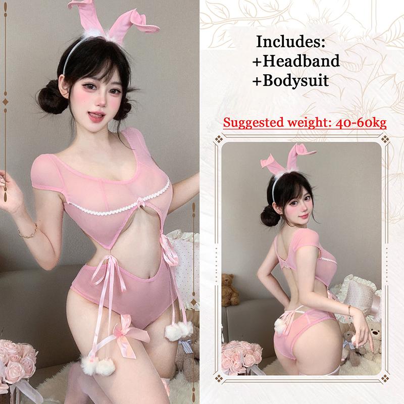 Cute Sexy Bunny Costume Mesh Perspective Lingerie Bunny Girl Cosplay Uniform Maid Outfit One Piece Jumpsuit Temptation Pajamas