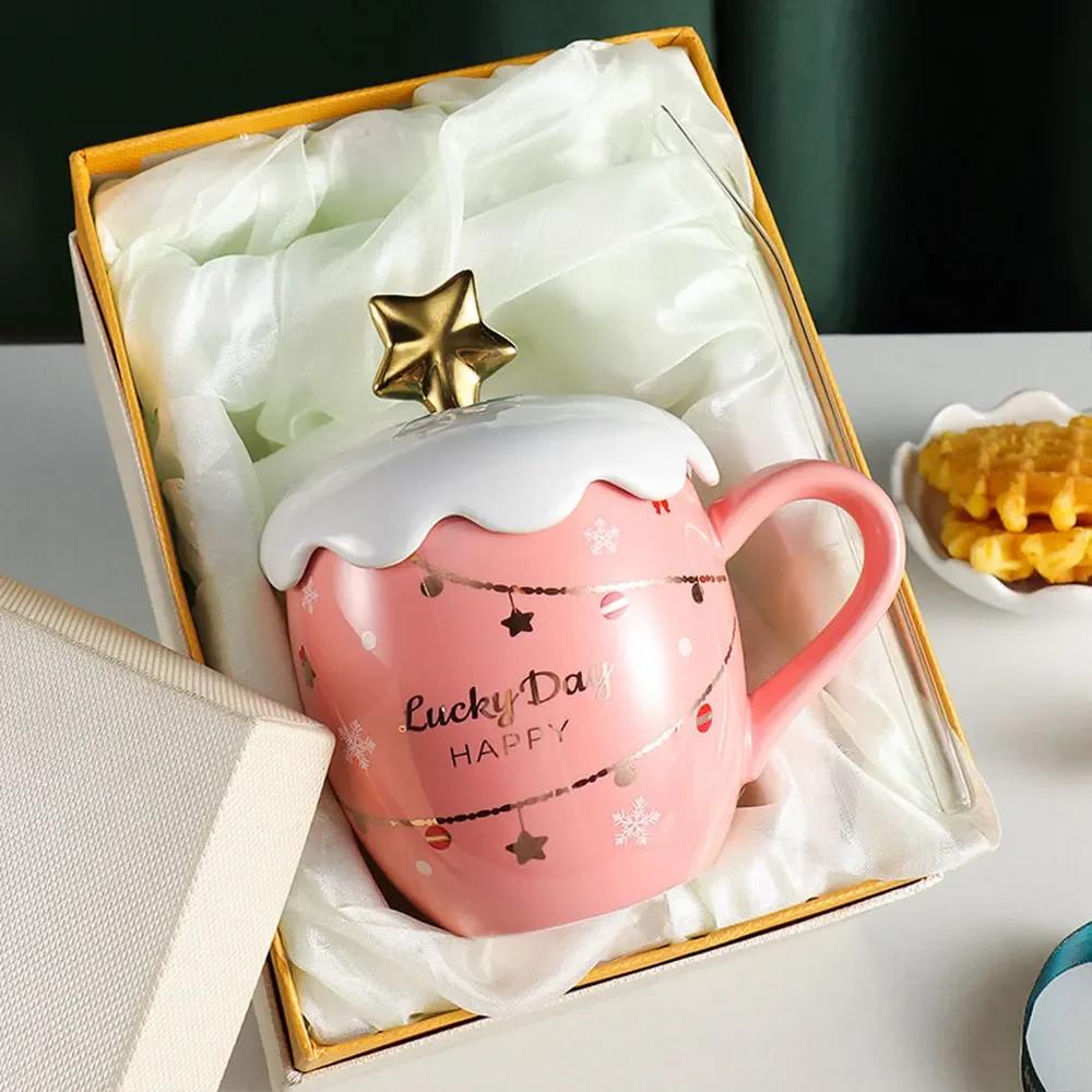 Christmas Mug With Lid And Spoon Ceramic Water Cup Cute Elk Snowflake Coffee Milk Decal Office Creative Gift For Tea Tableware