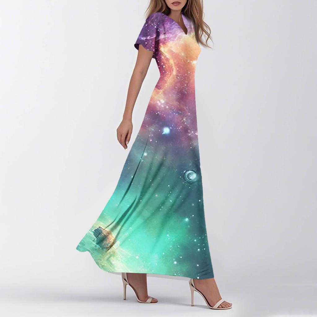 Women's Summer Casual Fashion -Print V-Neck Short-Sleeve Patchwork Dress