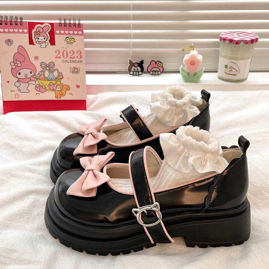 Fashion “Cute & Retro” Black Patent - Leather Mary Janes, Double - Strap Chunky Heels with Bows, Suits Daily Wear & JK Scenes