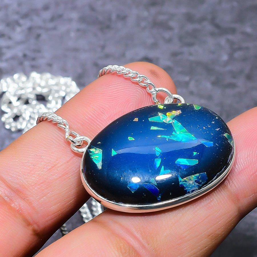 Blue Triplet Opal Gemstone Handmade 925 Sterling Silver Necklace 18" r6o87