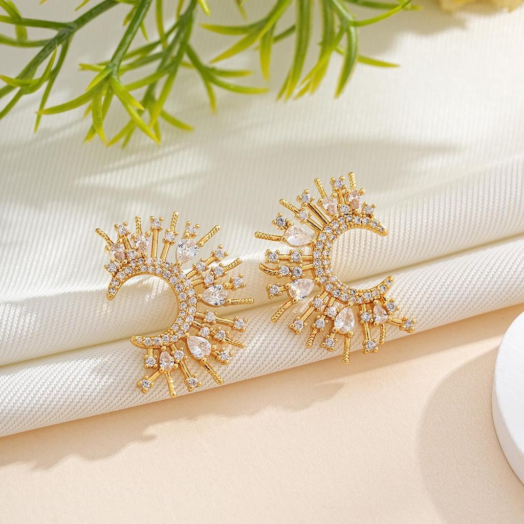 Elegant 18K Gold-Plated Zircon-Inlaid Moon Stud Earrings for Women - Exaggerated C-Shaped Firework Design