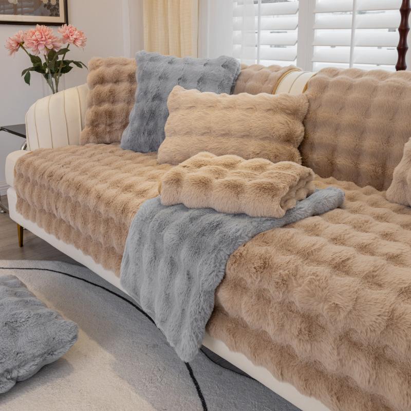 Rabbit Plush Sofa Covers Winter Warm Universal Sofa Towel Non-slip Sofa Mat Thick Sofa Cover Towel Slipcover for Living Room