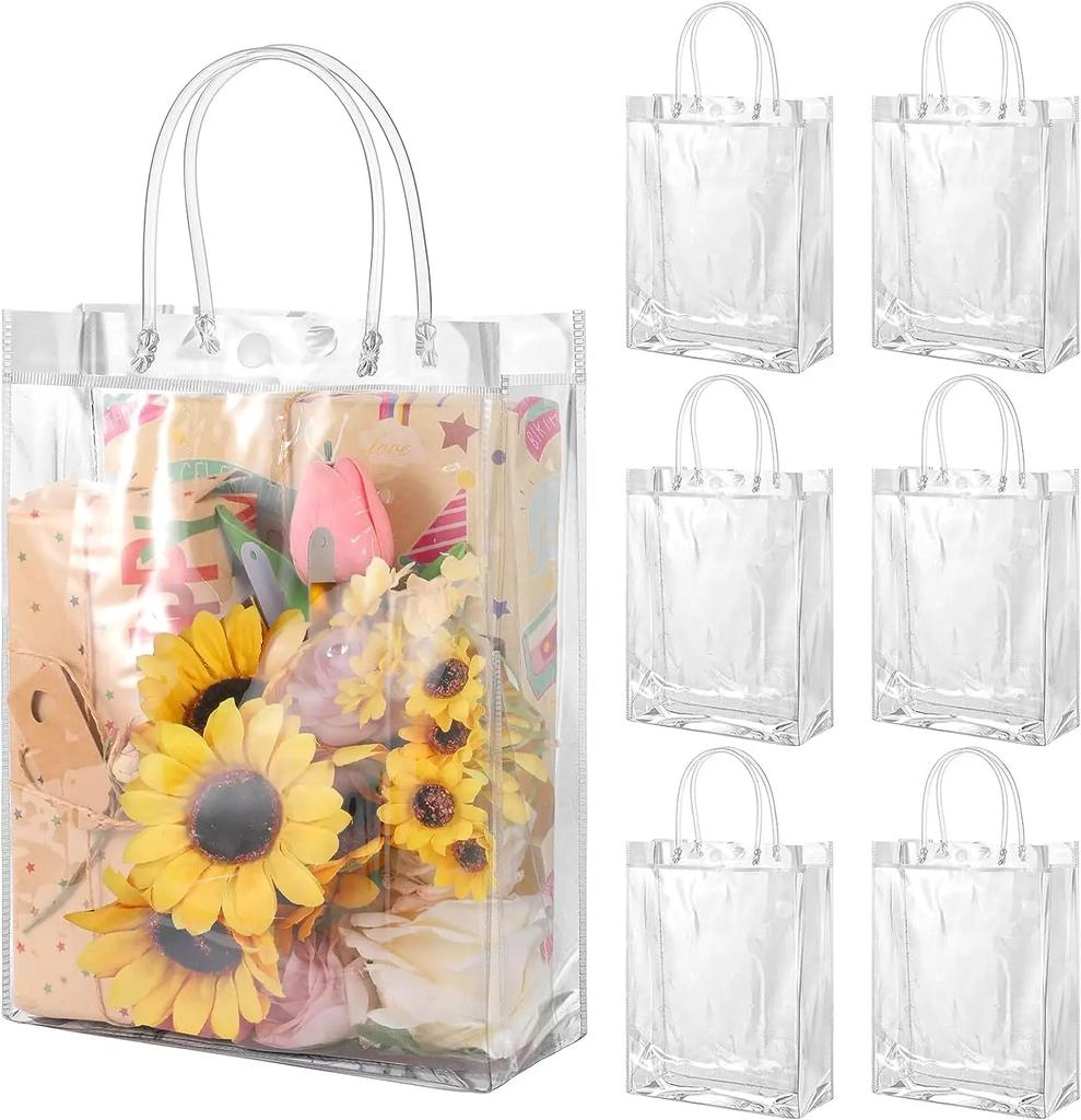 6 Pack Clear Gift Bags with Handle Reusable Plastic Bags Small Gift Wrap Tote Bags for Gifts Wedding Party Favors Baby Shower