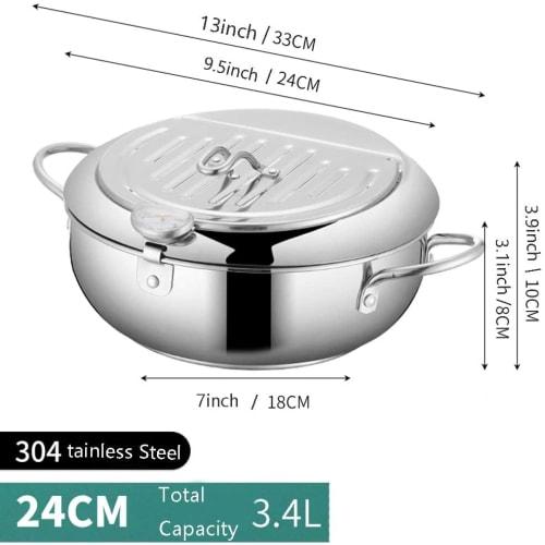 Japanese Tempura Small Stainless Steel Tempura Pan with Thermometer, Lid, and Oil Drip Filter Rack, Suitable for French Fries, Chicken Wings, and Shri