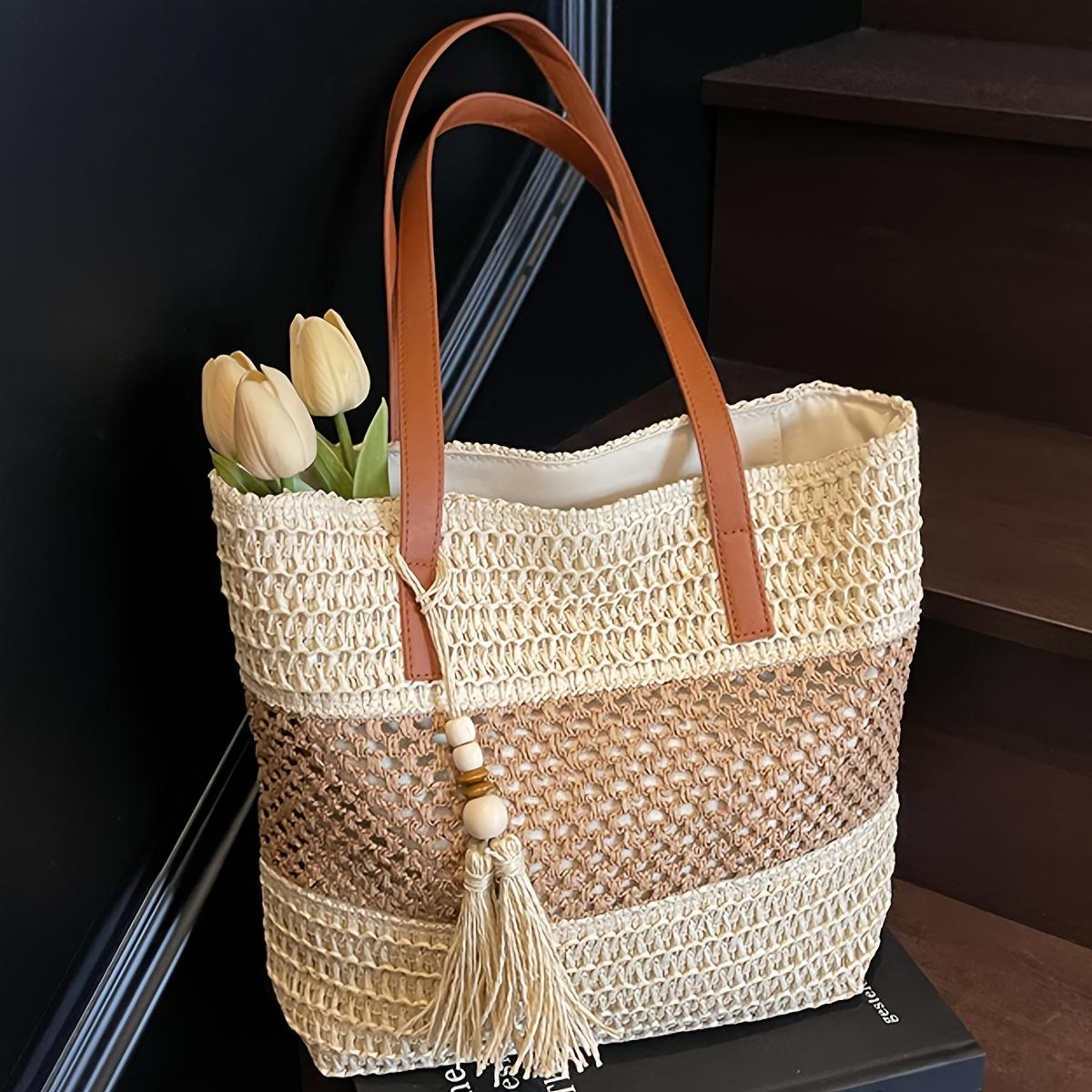 

Large Capacity Bohemian Woven Tote Bag Two-Tone Beige & Brown Color Retro Vacation Style Travel Bag бежевий