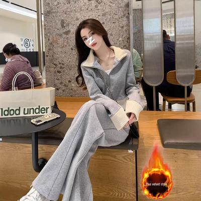 Women's Autumn/Winter Casual Suit: Stand Collar Zipper Jacket & High Waist Wide-Leg Pants, Plus Velvet Two-Piece Set 2026.