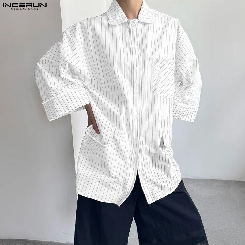 INCERUN Men Spring Lapel Neck 3/4 Sleeve Striped Shirts Casual Oversized Tops