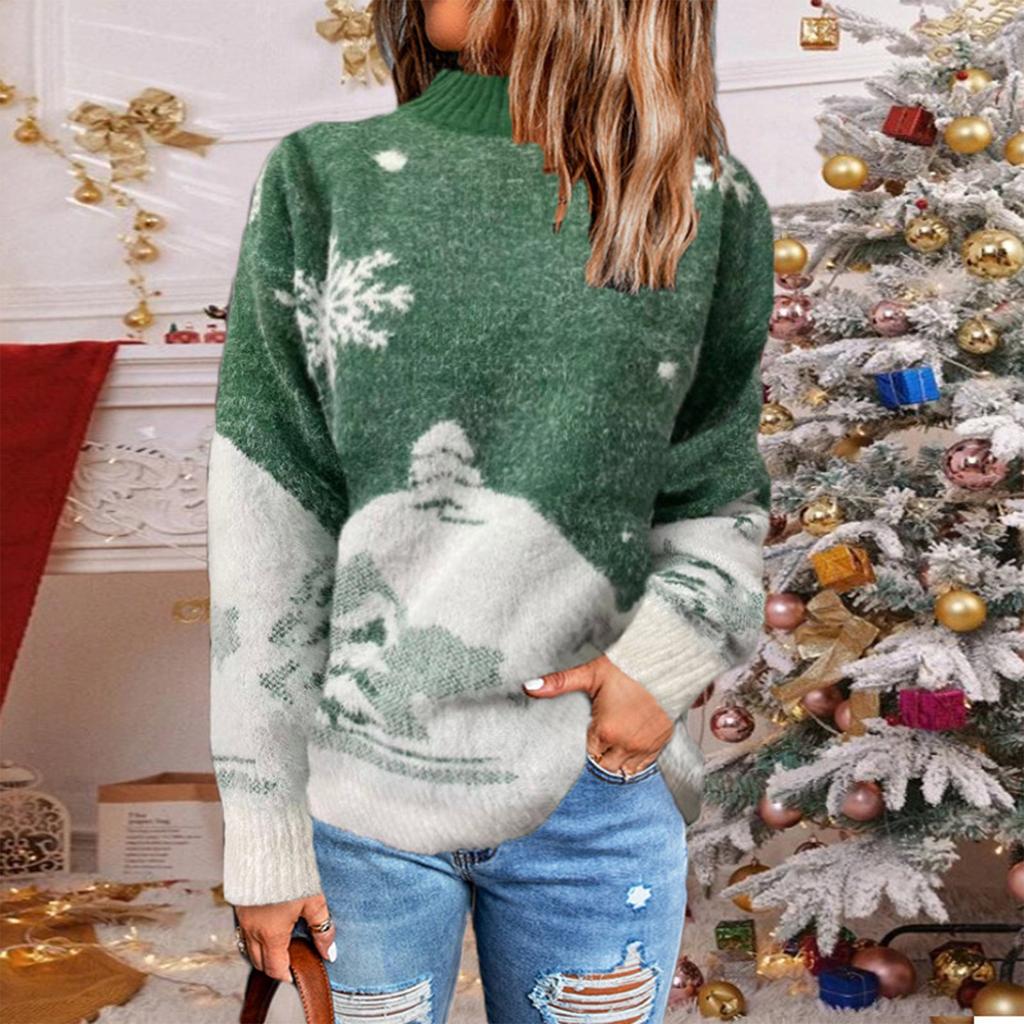 Women's Casual Turtleneck Knitted Long Sleeve Pullover Sweater Knitted Top Christmas