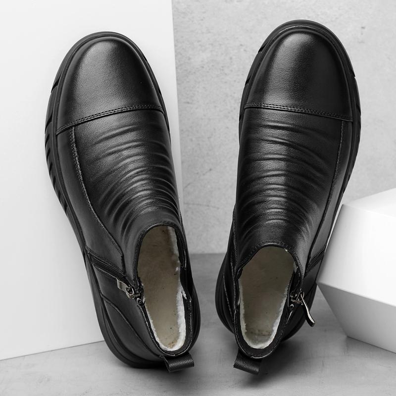 Winter Men'S Snow Boots Ankle Shoes Man Genuine Leather Plush Men Motorcycle Boots Chelsea Warm Winter Outdoor Shoes Size 36-46