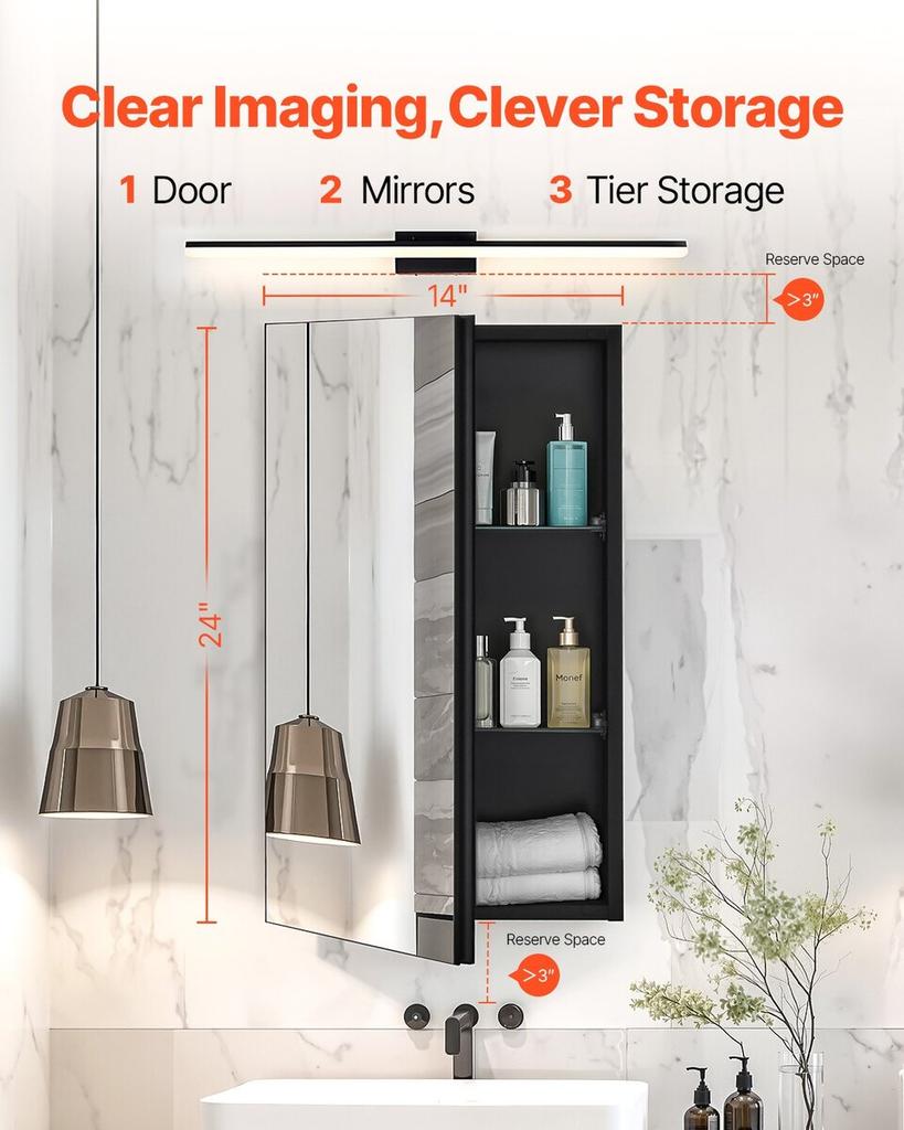 Medicine Cabinet 14" x 24" Mirror Medicine Cabinet Adjustable Shelves