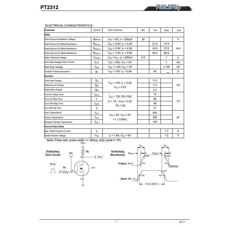 Original PT2312 SOT-23 N-Channel MOSFET