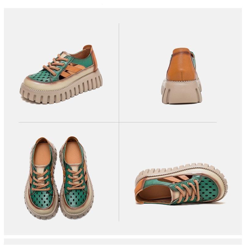 Thick Sole Mixed Colors Genuine Leather Retro Sandals Roman Style Lace-up Women's Flat Platform Shoes