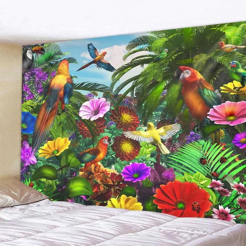 Arazzo Artistico di Uccelli della Giungla Scena Psichedelica Decorazione per la Casa Appeso a Parete Estetica Hippie Boho Stanza
