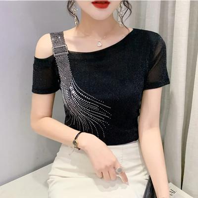 Summer Fashion European Female Clothes T-Shirt Sexy Off Shoulder Shiny Diamonds Mesh Women Tops All Match Tees Blouse