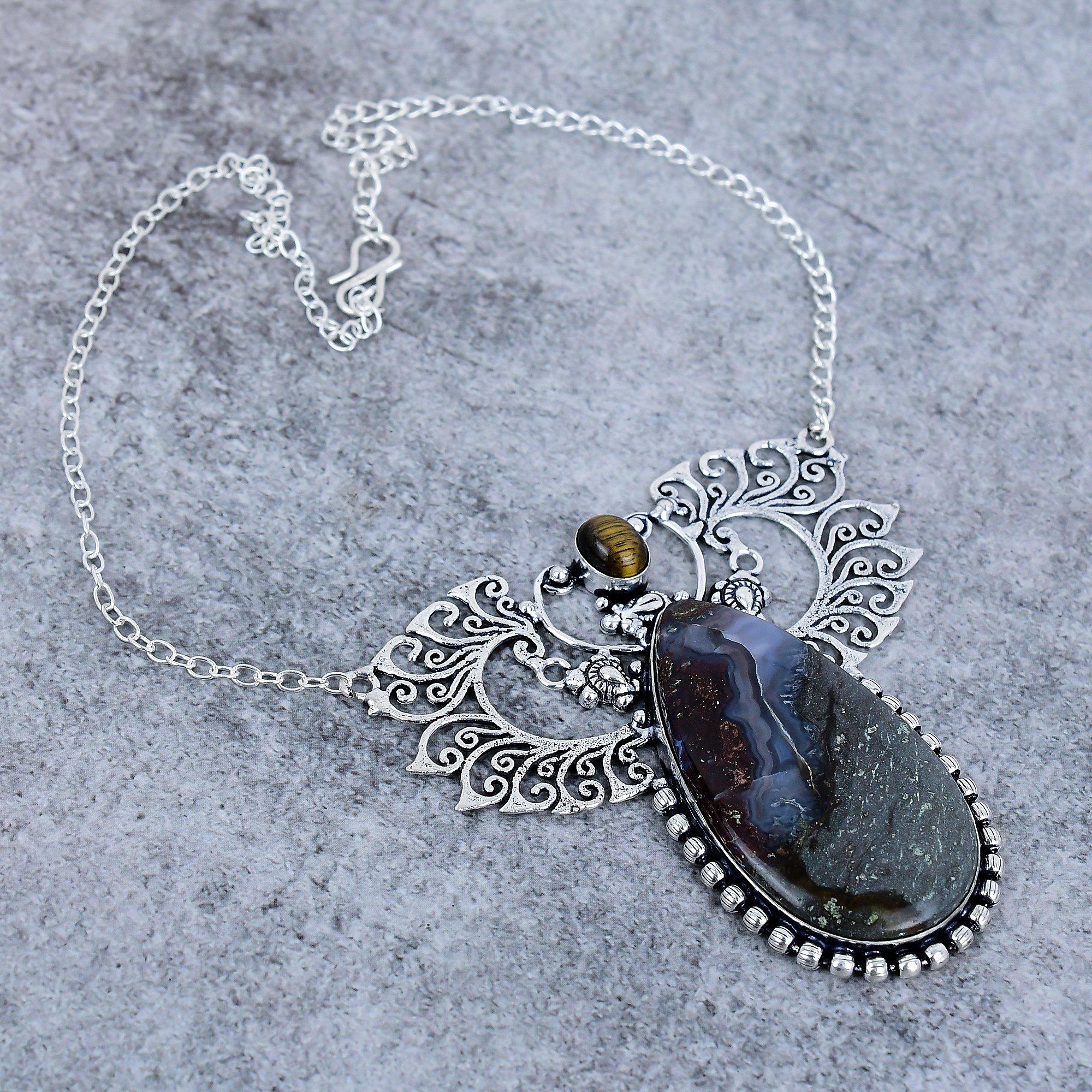 

Tube Agate, Tiger Eye Gemstone 925 Sterling Silver Jewelry Necklace 18 M-2763