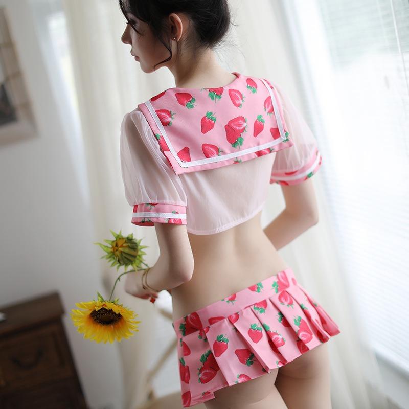 Sex lingerie sexy perspective ultra-short schoolgirl outfit seduction strawberry print sailor collar free suit