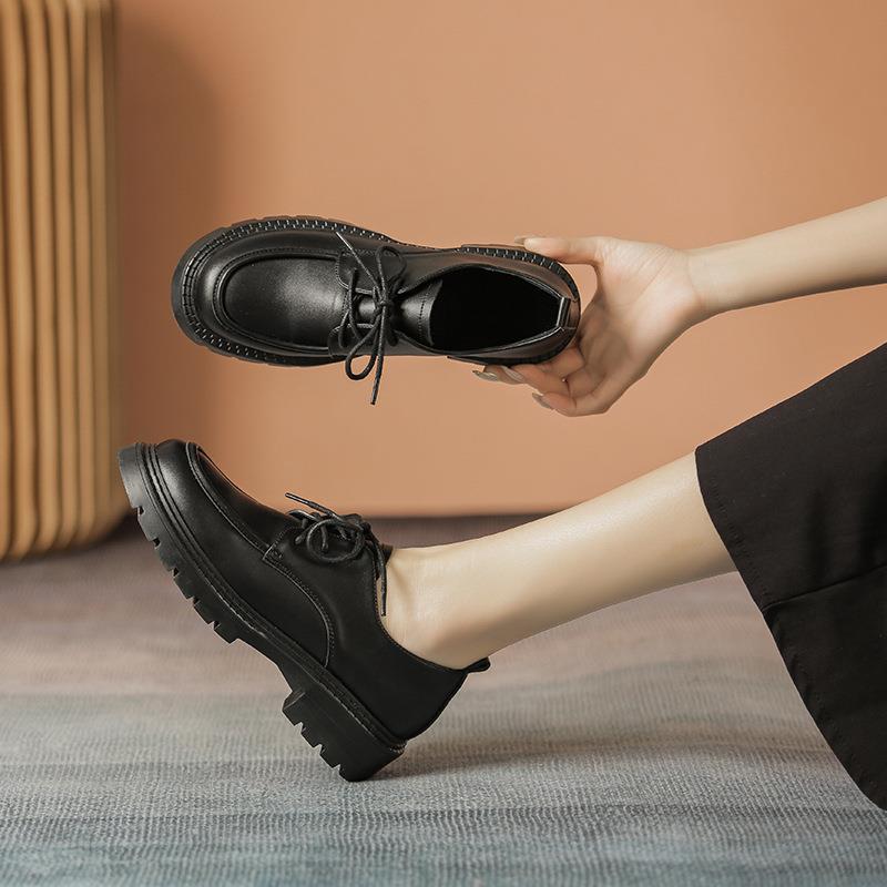 Round Toe Genuine Leather Women's Shoes Lace-up Shoes Autumn and Winter Four Seasons Student Skirt College Xiaoxiangfeng Huizhou Brock Leather Shoes