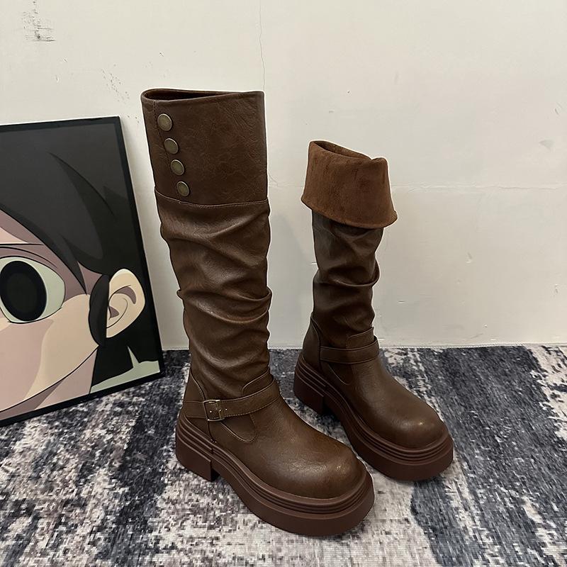 Stivali da motociclista con plateau da donna, con cinturino e fibbia, suola spessa, nuovi stivali da cavaliere western in pelle PU nera alla moda da donna