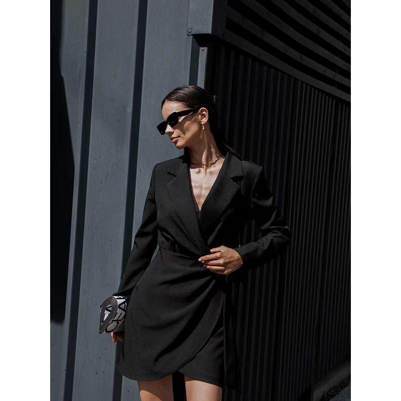 

Fashion Style New Arrival Waist-Tight Suit Collar Long Sleeves Dress Suit Collar Waist Closing Dres Black S