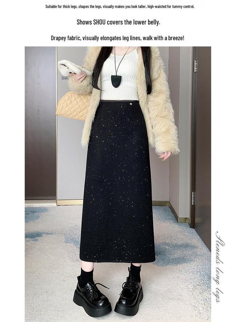 Women's Plus Size A-line Sequin Wool Blend Skirt - High Waist, Shiny, for Spring and Autumn