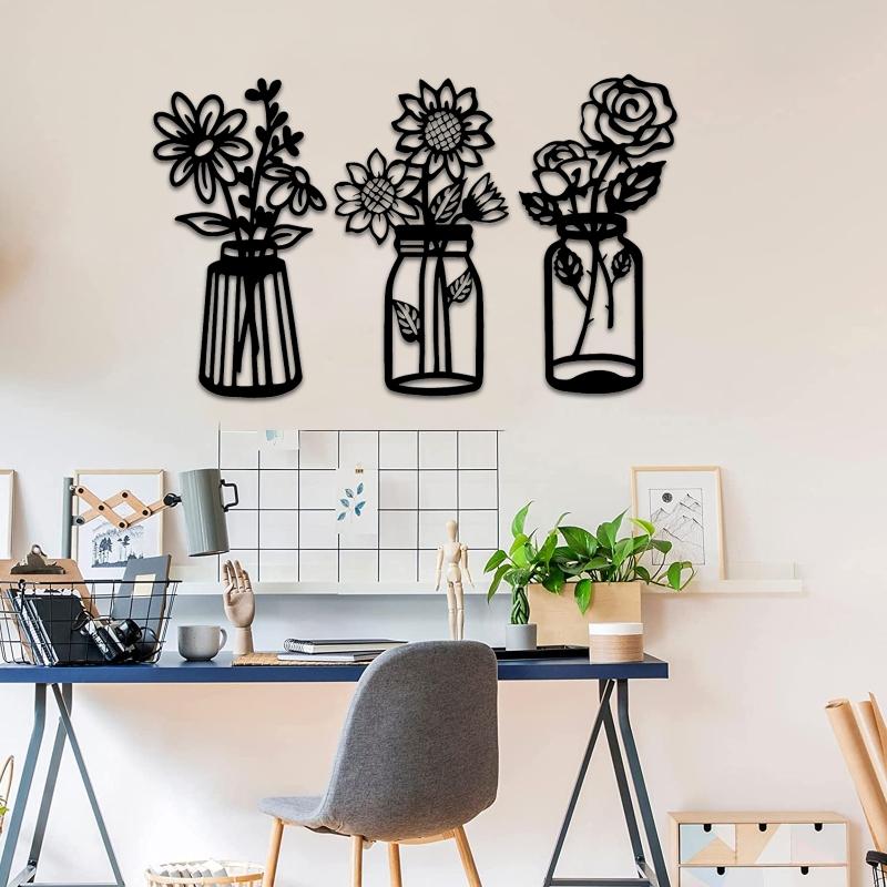 3 Pcs Metal Flowers Wall Decor Metal Wall Sculpture for Patio Balcony Black Metal Wall Decor Art for Living Room Dropshipping