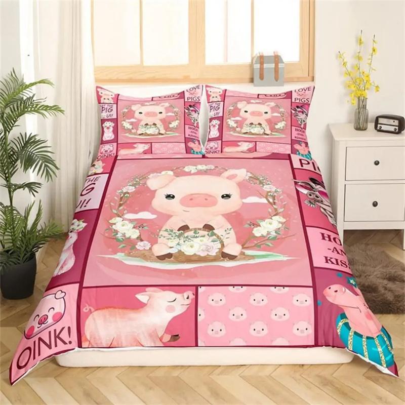 Cartoon Lovely Pig Duvet Cover Set Kawaii Animal Bedding Set King Microfiber Farmhouse Wildlife Theme Comforter Cover Pillowcase