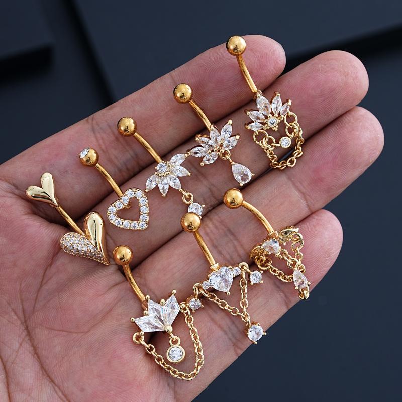 Zircon Heart Belly Button Ring For Women Girls Body Piercing Stainless Steel Navel Ring Beach Jewelry