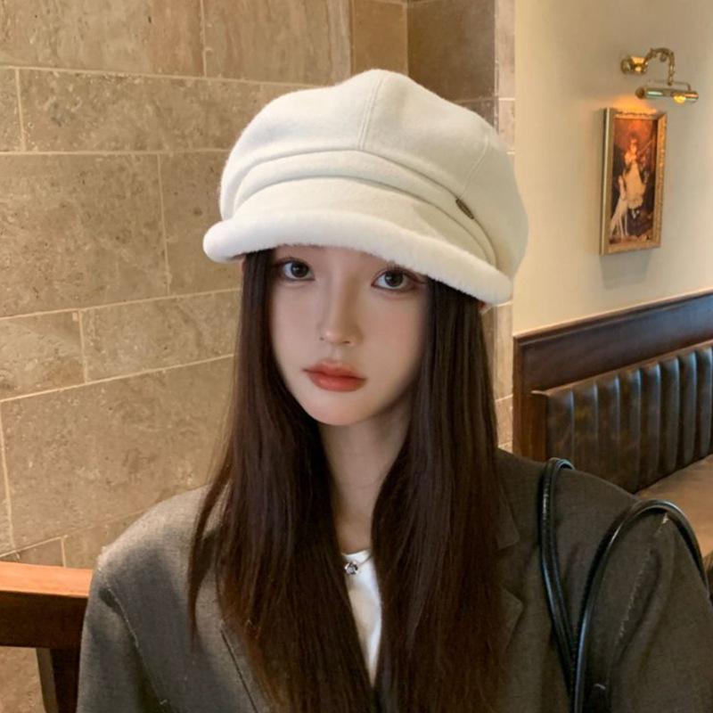 Hepburn-style duckbill octagonal hat for autumn and winter, Japanese-style fleece-lined warm large-brimmed fisherman hat, fashionable and