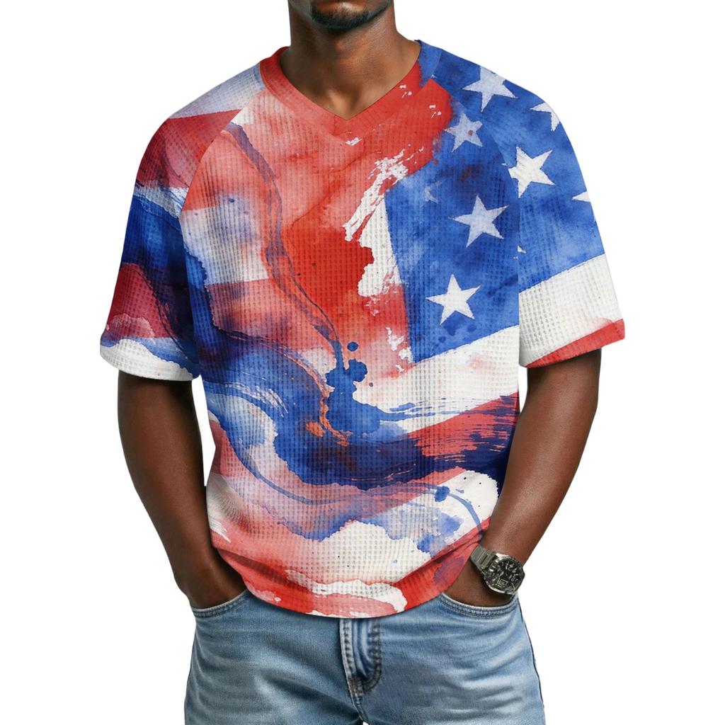 Men's V-Neck Short Sleeve T-Shirt - Color Print Casual Breathable Top