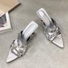 Fashion Liyke Woman Designer Metal Rivet Narrow Band Pointed Toe Low Thin Heels Slippers Sandals Summer Party Dress Shoes Mules Slides