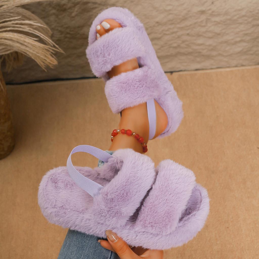 Damen Sandalen mit breiter Weite und Fell, Outdoor-Pantoletten mit elastischem Riemen, Europäische Sommer-Slipper für Damen