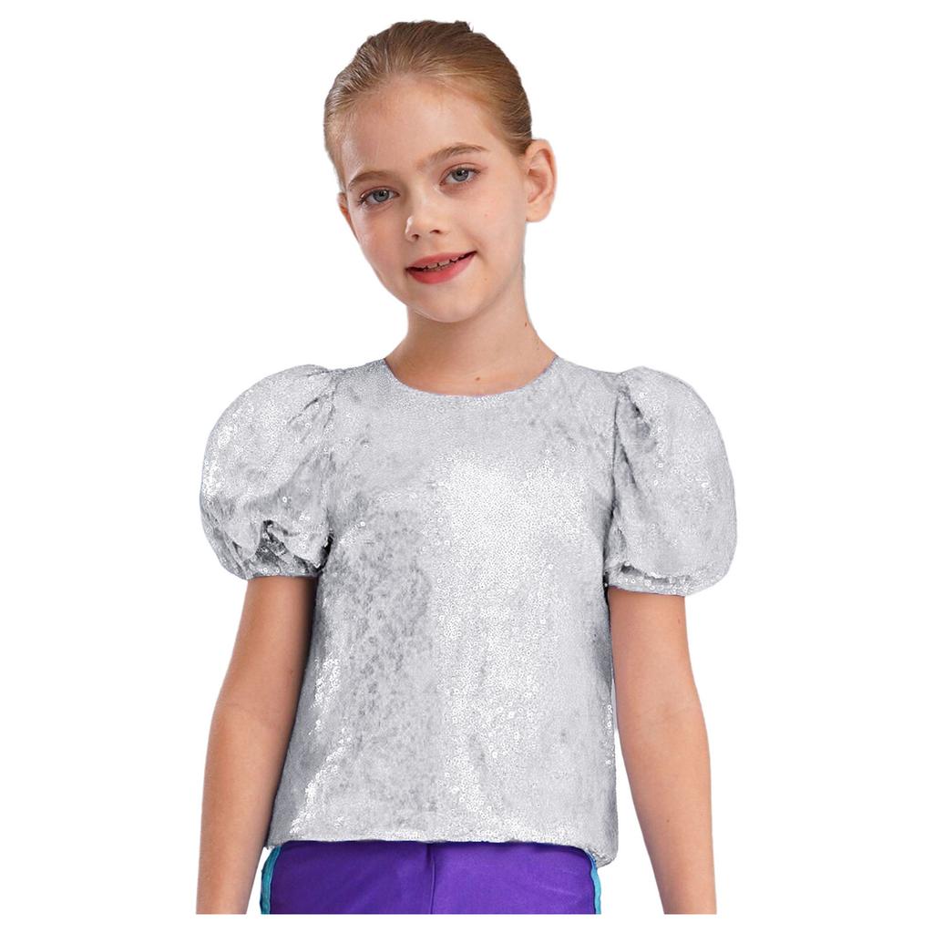 Dívčí krátký top s nadýchanými rukávy a lesklými flitry pro jazzový tanec a cheerleading